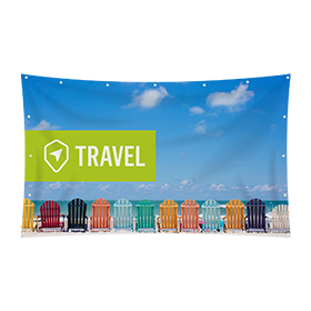 Voorbeeld van een bedrukt spandoek met tunnelzoom-afwerking. Outdoor banner bevestigd in een aluminium spanframe. Hekwerkspandoek met full-color bedrukking op bisonyl.