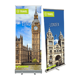 Roll-up banner met full-color bedrukking van de Big Ben. Roll-up banner cassette voor 2 banners van geanodiseerd aluminium.